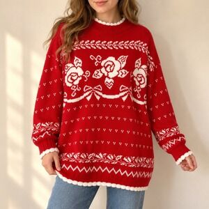 Delivery Ltd vintage Red White Rose Bow Knit Sweater Coquette Cottagecore USA L